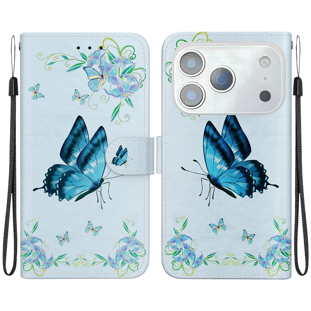 For iPhone 17 Pro Max Wallet Phone Case Anti-Drop Leather Flip Cover Pattern Printing with Strap - Blue Butterfly Flower