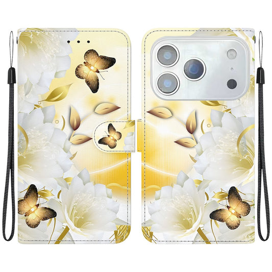 For iPhone 17 Pro Max Wallet Phone Case Anti-Drop Leather Flip Cover Pattern Printing with Strap - Gold Butterfly Flower