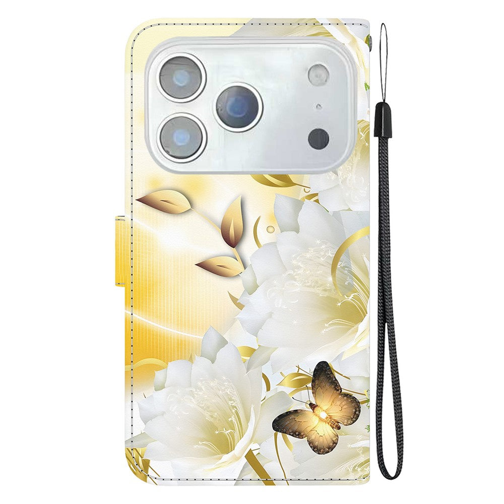 For iPhone 17 Pro Max Wallet Phone Case Anti-Drop Leather Flip Cover Pattern Printing with Strap - Gold Butterfly Flower