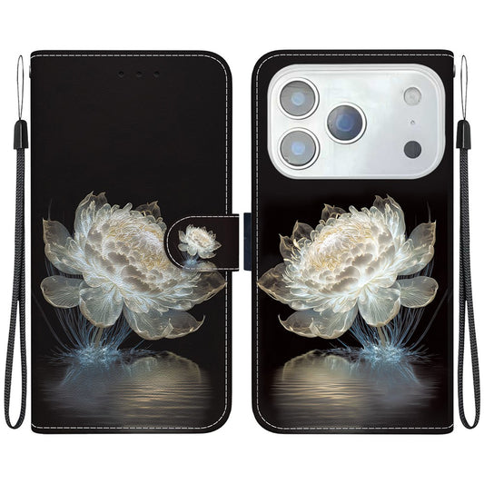For iPhone 17 Pro Max Wallet Phone Case Anti-Drop Leather Flip Cover Pattern Printing with Strap - Crystal Peony