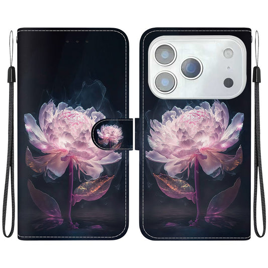 For iPhone 17 Pro Max Wallet Phone Case Anti-Drop Leather Flip Cover Pattern Printing with Strap - Purple Peony
