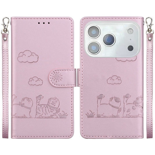 For iPhone 17 Pro Max Case RFID Blocking Kitten Pattern TPU + PU Leather Phone Cover with Wrist Strap - Pink