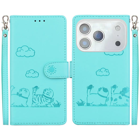 For iPhone 17 Pro Max Case RFID Blocking Kitten Pattern TPU + PU Leather Phone Cover with Wrist Strap - Green