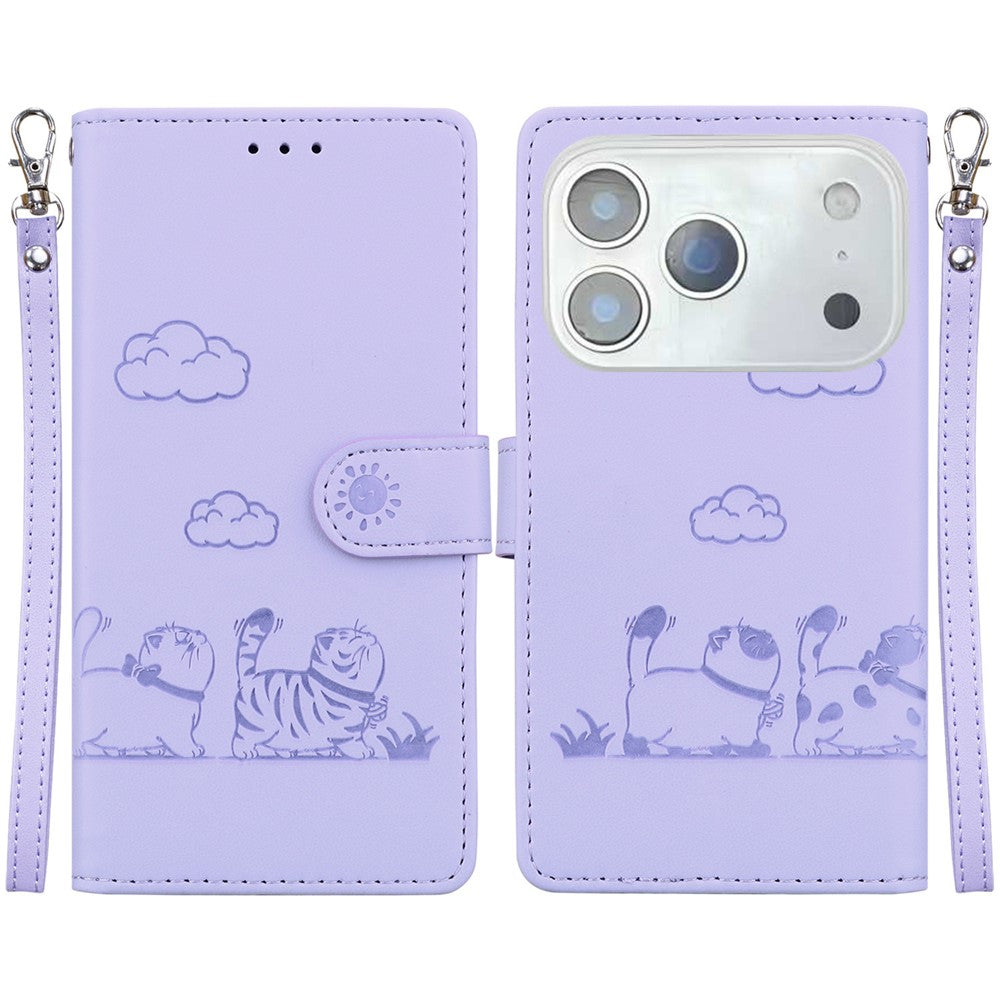 For iPhone 17 Pro Max Case RFID Blocking Kitten Pattern TPU + PU Leather Phone Cover with Wrist Strap - Purple