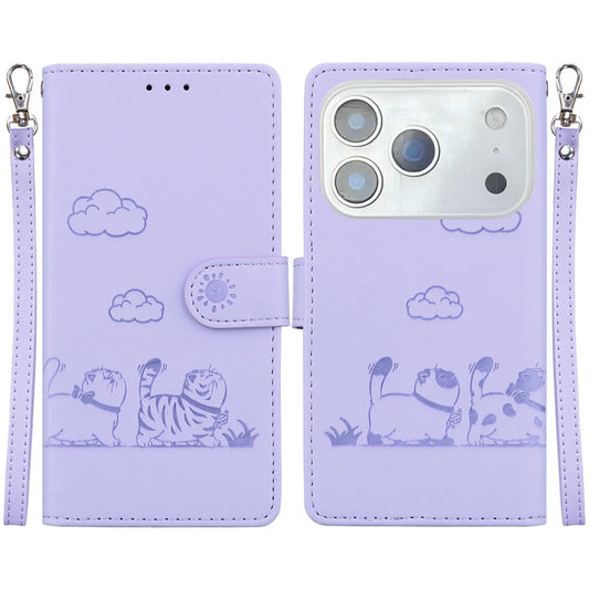 For iPhone 17 Pro Max Case RFID Blocking Kitten Pattern TPU + PU Leather Phone Cover with Wrist Strap - Purple