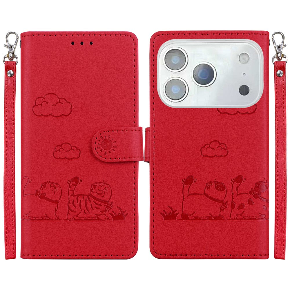 For iPhone 17 Pro Max Case RFID Blocking Kitten Pattern TPU + PU Leather Phone Cover with Wrist Strap - Red