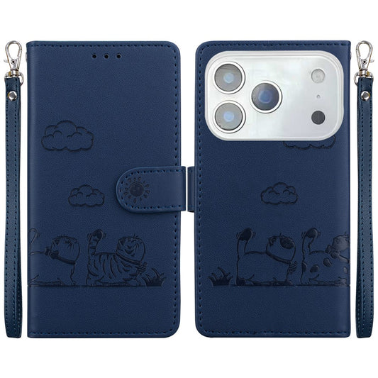 For iPhone 17 Pro Max Case RFID Blocking Kitten Pattern TPU + PU Leather Phone Cover with Wrist Strap - Blue
