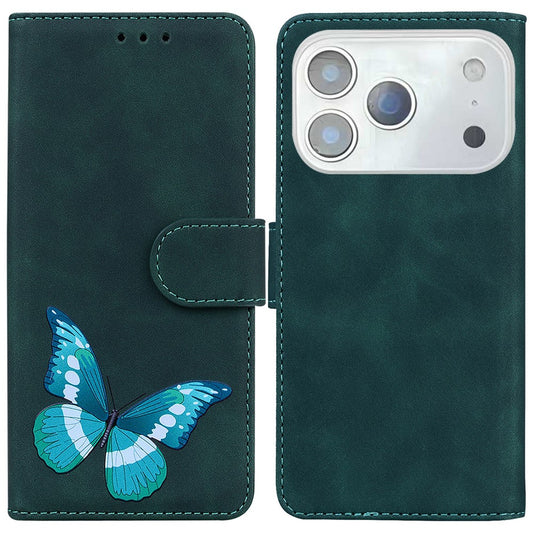 For iPhone 17 Pro Max Stand Case PU Leather Phone Cover Butterfly Printed - Green