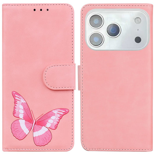 For iPhone 17 Pro Max Stand Case PU Leather Phone Cover Butterfly Printed - Pink