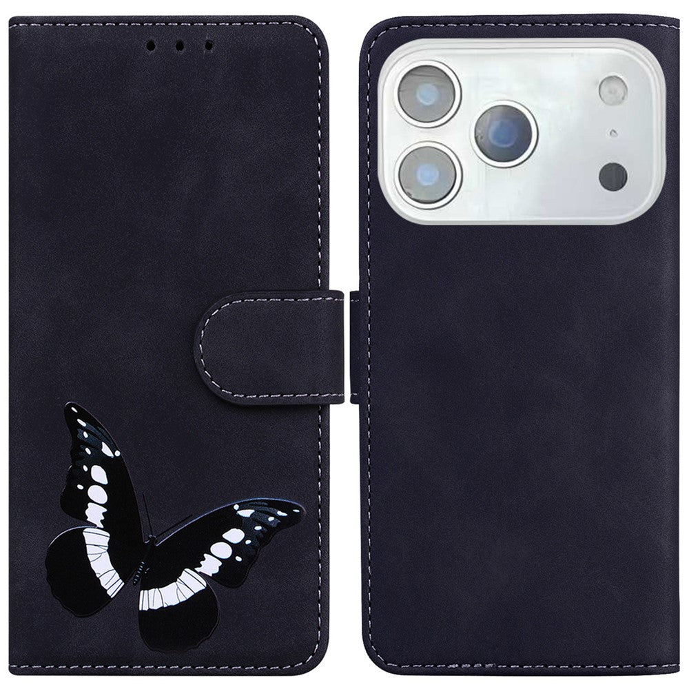For iPhone 17 Pro Max Stand Case PU Leather Phone Cover Butterfly Printed - Black