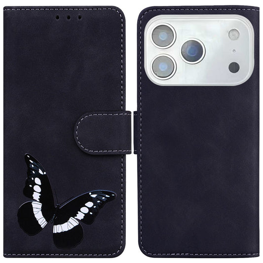 For iPhone 17 Pro Max Stand Case PU Leather Phone Cover Butterfly Printed - Black