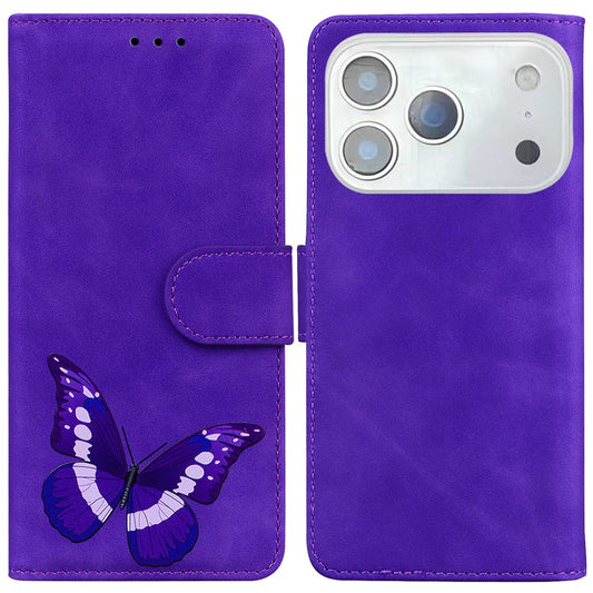 For iPhone 17 Pro Max Stand Case PU Leather Phone Cover Butterfly Printed - Purple