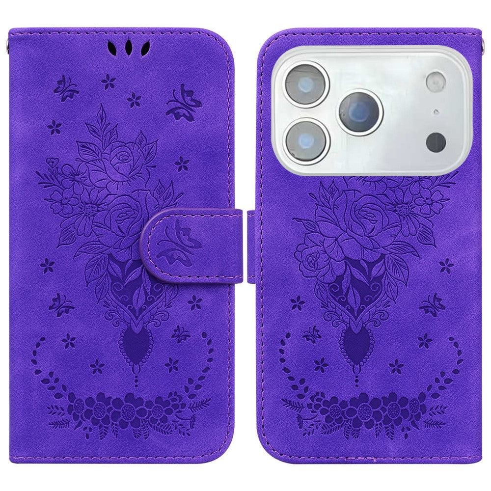 For iPhone 17 Pro Max Case Butterfly Flower Imprint PU Leather Wallet Phone Cover with Strap - Purple