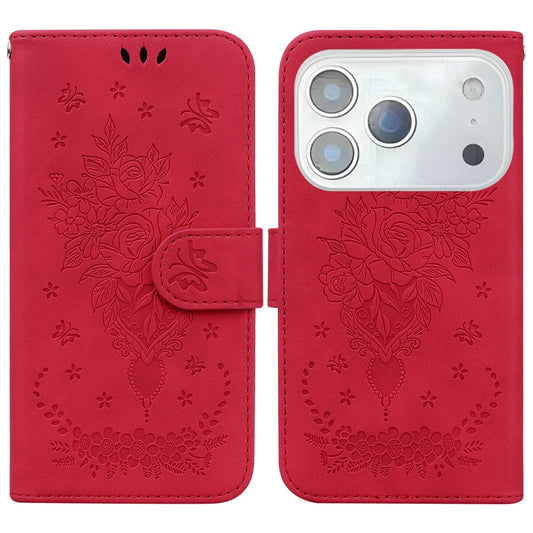 For iPhone 17 Pro Max Case Butterfly Flower Imprint PU Leather Wallet Phone Cover with Strap - Red