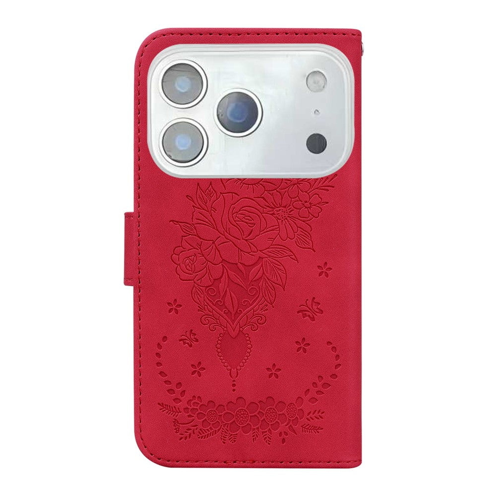 For iPhone 17 Pro Max Case Butterfly Flower Imprint PU Leather Wallet Phone Cover with Strap - Red