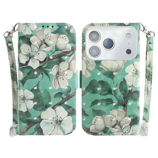 For iPhone 17 Pro Max Case Pattern Printing Leather Wallet Phone Cover with Wrist Strap - Watercolor Flowers