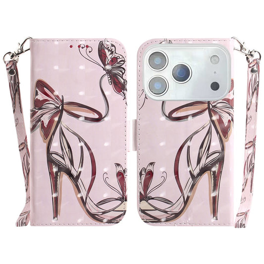 For iPhone 17 Pro Max Case Pattern Printing Leather Wallet Phone Cover with Wrist Strap - Butterfly High Heels