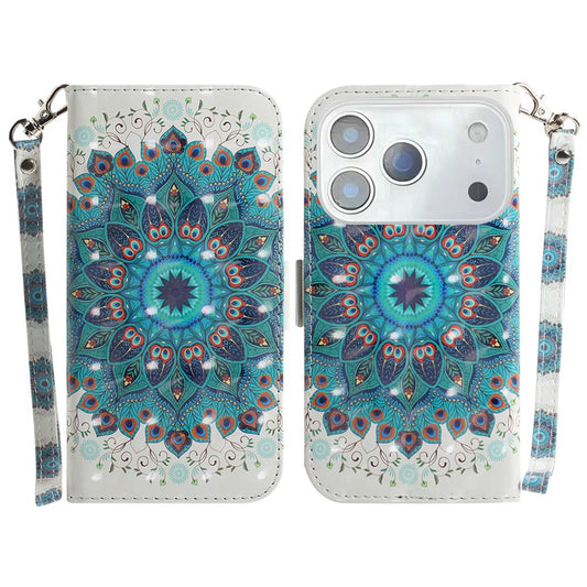 For iPhone 17 Pro Max Case Pattern Printing Leather Wallet Phone Cover with Wrist Strap - Peacock Wreath