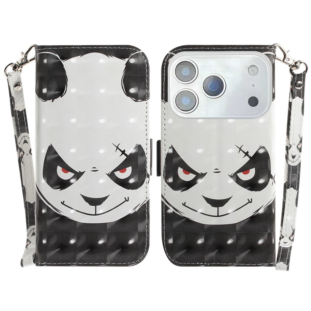 For iPhone 17 Pro Max Case Pattern Printing Leather Wallet Phone Cover with Wrist Strap - Angry Panda