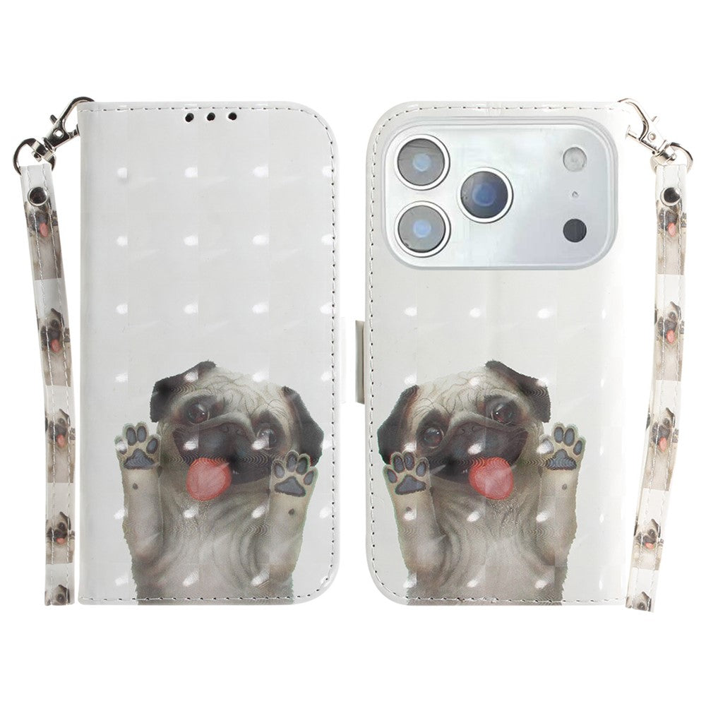 For iPhone 17 Pro Max Case Pattern Printing Leather Wallet Phone Cover with Wrist Strap - Pug