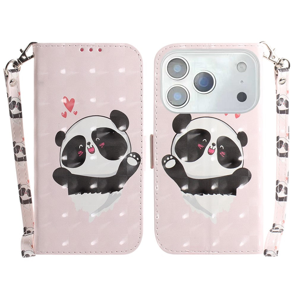 For iPhone 17 Pro Max Case Pattern Printing Leather Wallet Phone Cover with Wrist Strap - Love Heart Panda