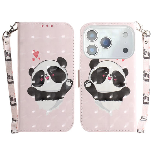 For iPhone 17 Pro Max Case Pattern Printing Leather Wallet Phone Cover with Wrist Strap - Love Heart Panda