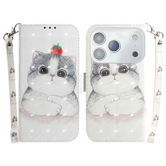 For iPhone 17 Pro Max Case Pattern Printing Leather Wallet Phone Cover with Wrist Strap - Cute Cat