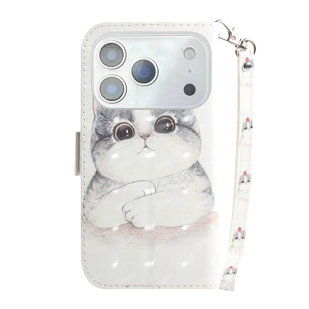 For iPhone 17 Pro Max Case Pattern Printing Leather Wallet Phone Cover with Wrist Strap - Cute Cat