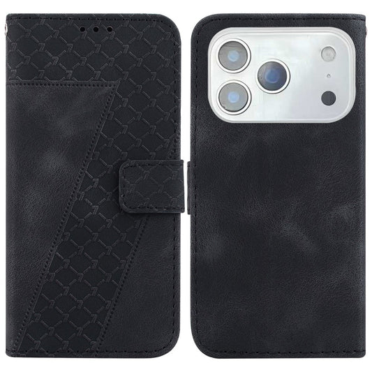 For iPhone 17 Pro Max Stand Case 7-Shaped Pattern Imprint Leather Phone Cover with Strap - Black