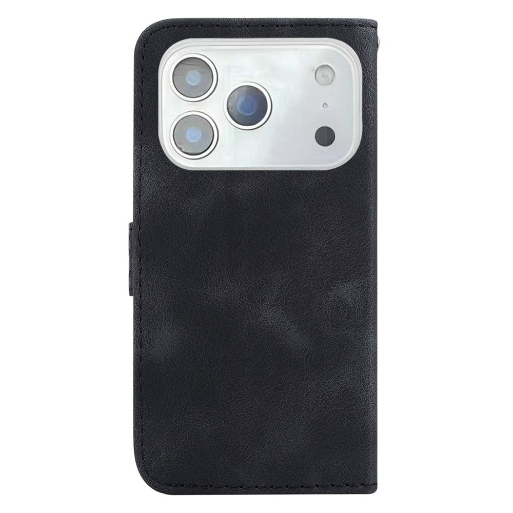 For iPhone 17 Pro Max Stand Case 7-Shaped Pattern Imprint Leather Phone Cover with Strap - Black