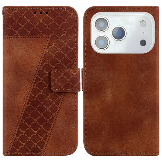 For iPhone 17 Pro Max Stand Case 7-Shaped Pattern Imprint Leather Phone Cover with Strap - Brown