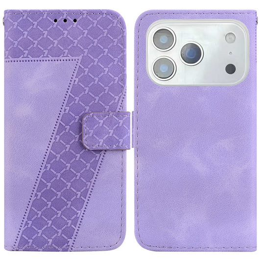 For iPhone 17 Pro Max Stand Case 7-Shaped Pattern Imprint Leather Phone Cover with Strap - Purple