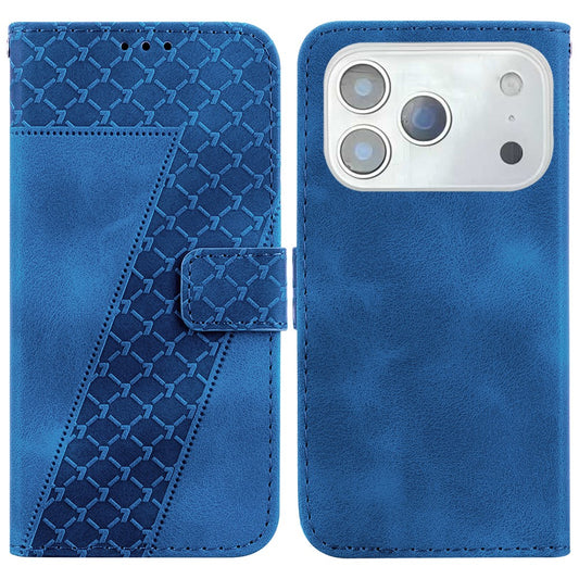 For iPhone 17 Pro Max Stand Case 7-Shaped Pattern Imprint Leather Phone Cover with Strap - Dark Blue