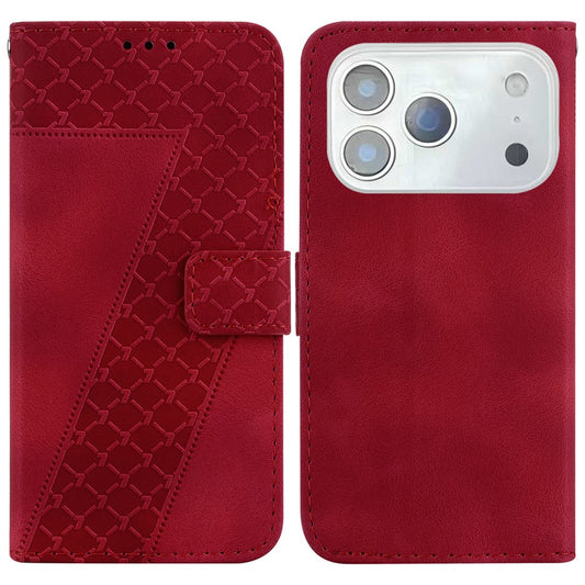 For iPhone 17 Pro Max Stand Case 7-Shaped Pattern Imprint Leather Phone Cover with Strap - Red