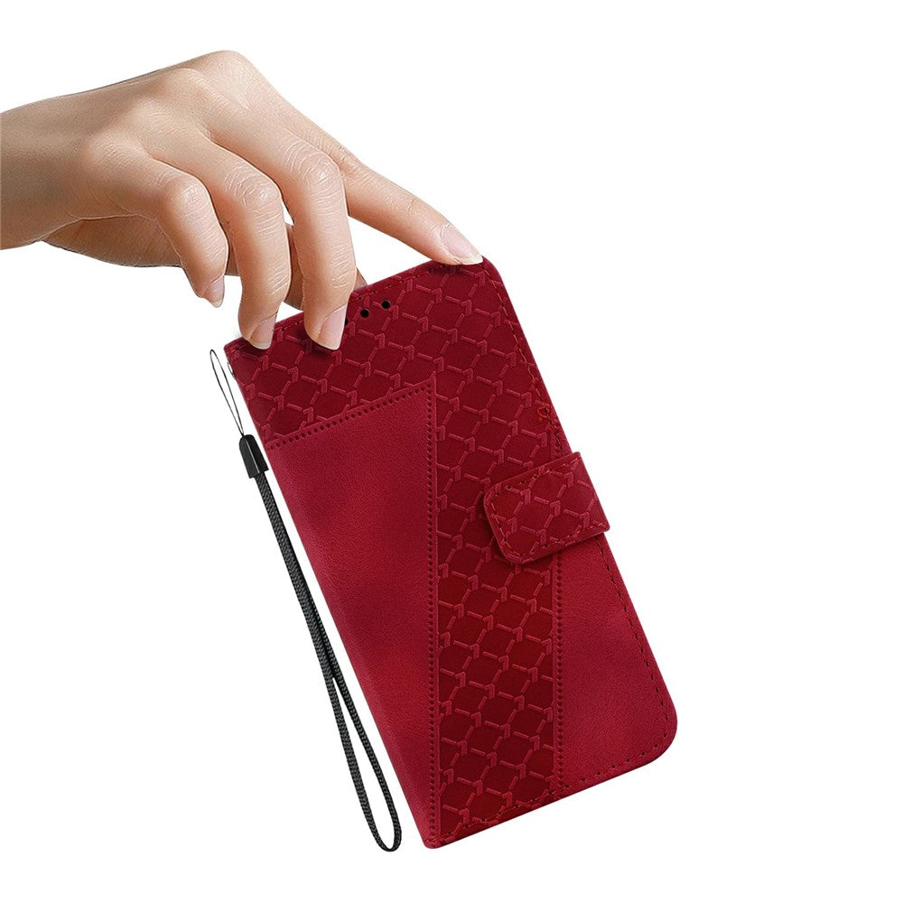 For iPhone 17 Pro Max Stand Case 7-Shaped Pattern Imprint Leather Phone Cover with Strap - Red