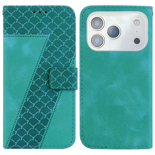 For iPhone 17 Pro Max Stand Case 7-Shaped Pattern Imprint Leather Phone Cover with Strap - Green