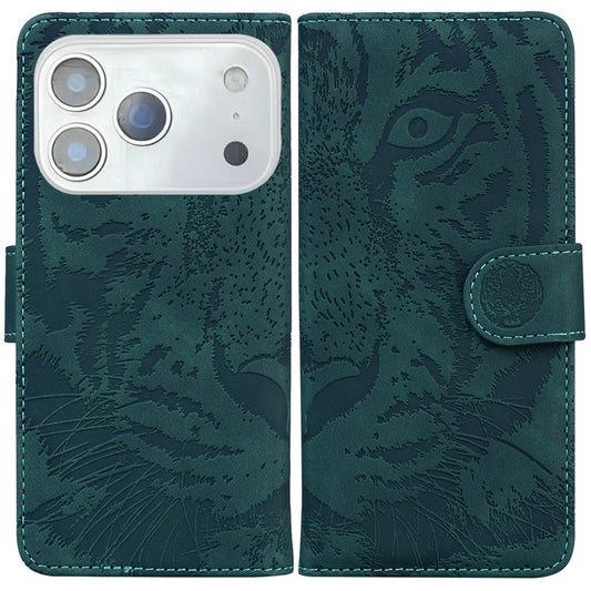 For iPhone 17 Pro Max Case Tiger Imprint Leather Wallet Phone Cover - Green