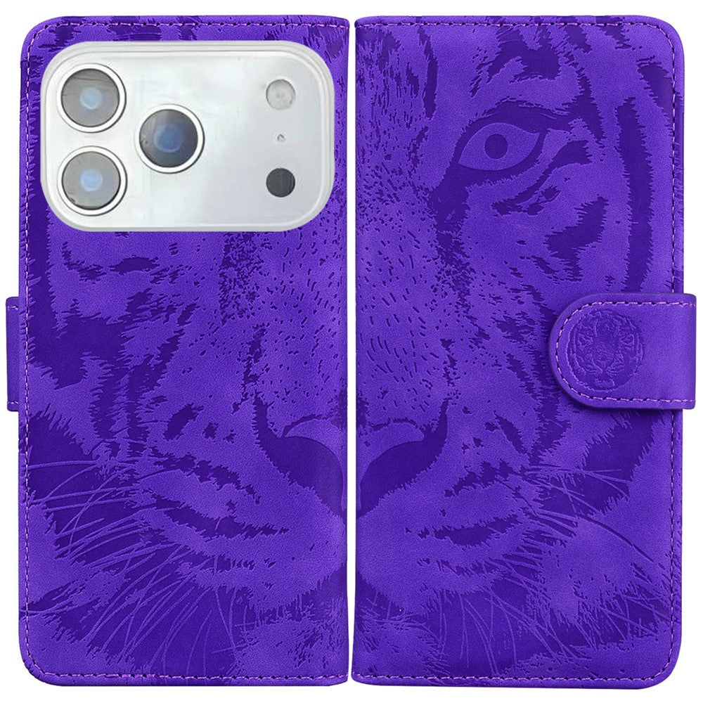 For iPhone 17 Pro Max Case Tiger Imprint Leather Wallet Phone Cover - Purple