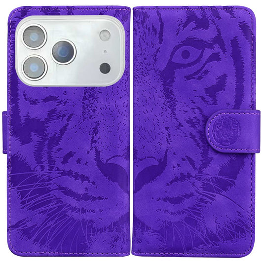 For iPhone 17 Pro Max Case Tiger Imprint Leather Wallet Phone Cover - Purple