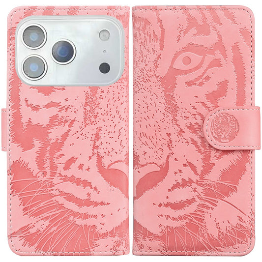 For iPhone 17 Pro Max Case Tiger Imprint Leather Wallet Phone Cover - Pink