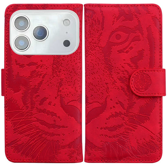 For iPhone 17 Pro Max Case Tiger Imprint Leather Wallet Phone Cover - Red