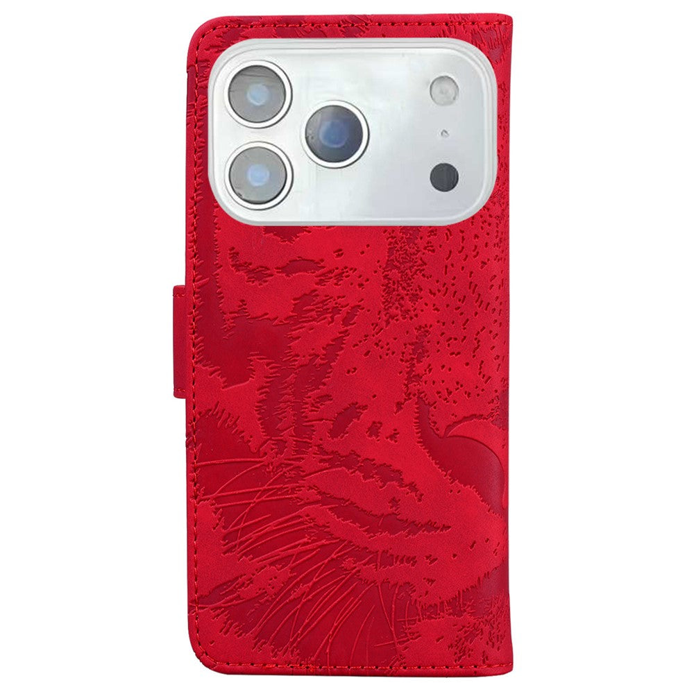 For iPhone 17 Pro Max Case Tiger Imprint Leather Wallet Phone Cover - Red