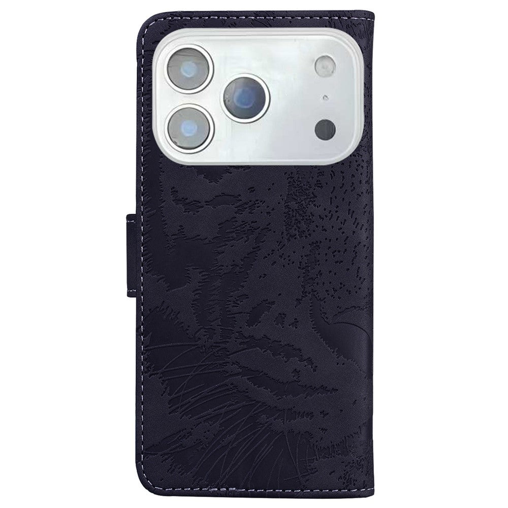 For iPhone 17 Pro Max Case Tiger Imprint Leather Wallet Phone Cover - Black