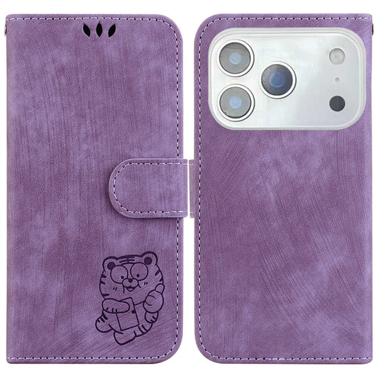 For iPhone 17 Pro Max Wallet Case Tiger Imprint Leather Shockproof Phone Cover with Wrist Strap - Purple