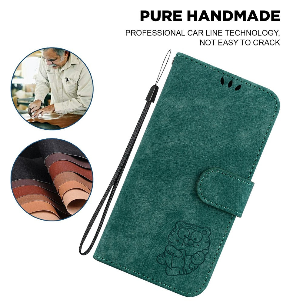 For iPhone 17 Pro Max Wallet Case Tiger Imprint Leather Shockproof Phone Cover with Wrist Strap - Green