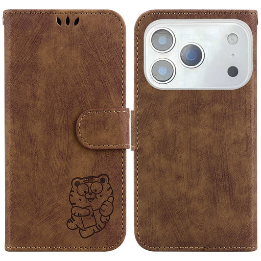For iPhone 17 Pro Max Wallet Case Tiger Imprint Leather Shockproof Phone Cover with Wrist Strap - Brown