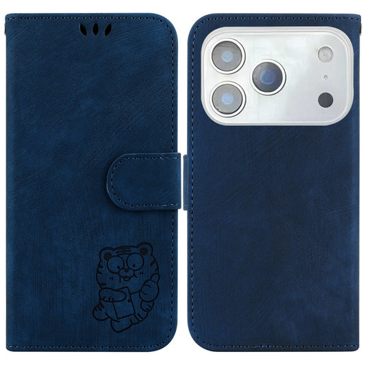 For iPhone 17 Pro Max Wallet Case Tiger Imprint Leather Shockproof Phone Cover with Wrist Strap - Dark Blue