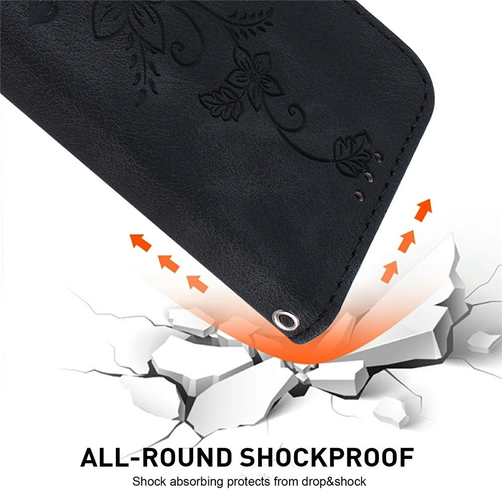For iPhone 17 Pro Max Stand Case Lily Flower Imprint Leather Phone Cover with Wrist Strap - Black