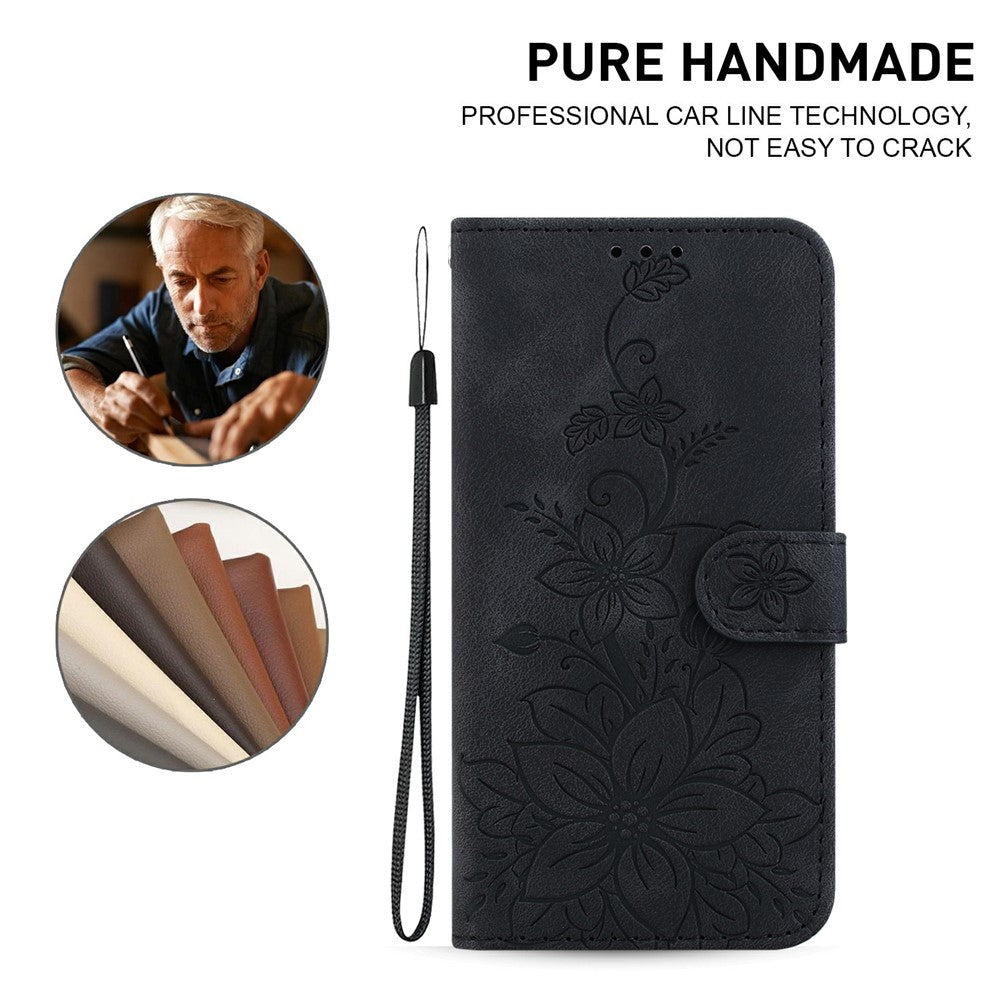 For iPhone 17 Pro Max Stand Case Lily Flower Imprint Leather Phone Cover with Wrist Strap - Black