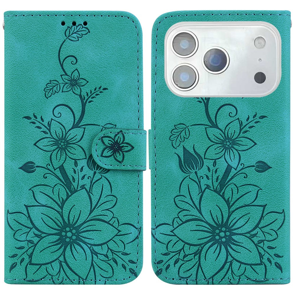 For iPhone 17 Pro Max Stand Case Lily Flower Imprint Leather Phone Cover with Wrist Strap - Green